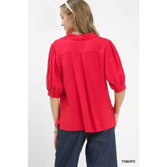 Umgee Mixed Media V-Neck Print Blouse - Picture 3 of 4